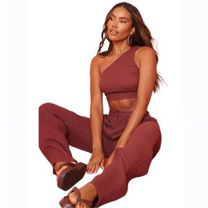Brown cloth One Shoulder Crop Top set